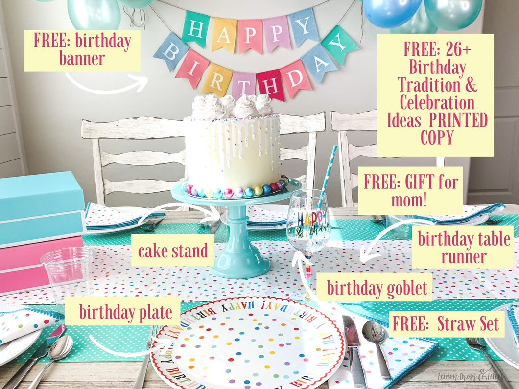 BIRTHDAY DECOR & TRADITION (7 Piece SET + gift) - Just Add Cake! - Lemon Drops & Lilies