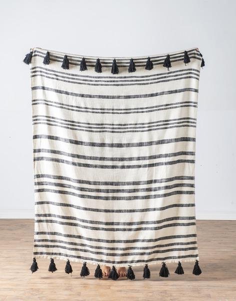 Black & Natural Stripe Throw with Tassels - Lemon Drops & Lilies