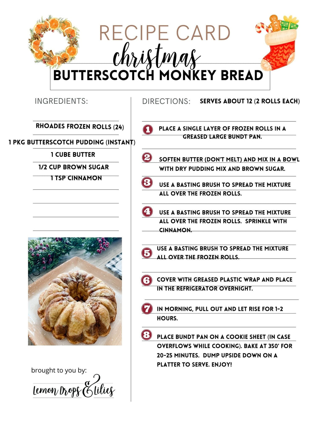 Christmas Butterscotch Monkey Bread - printable recipe - Lemon Drops & Lilies