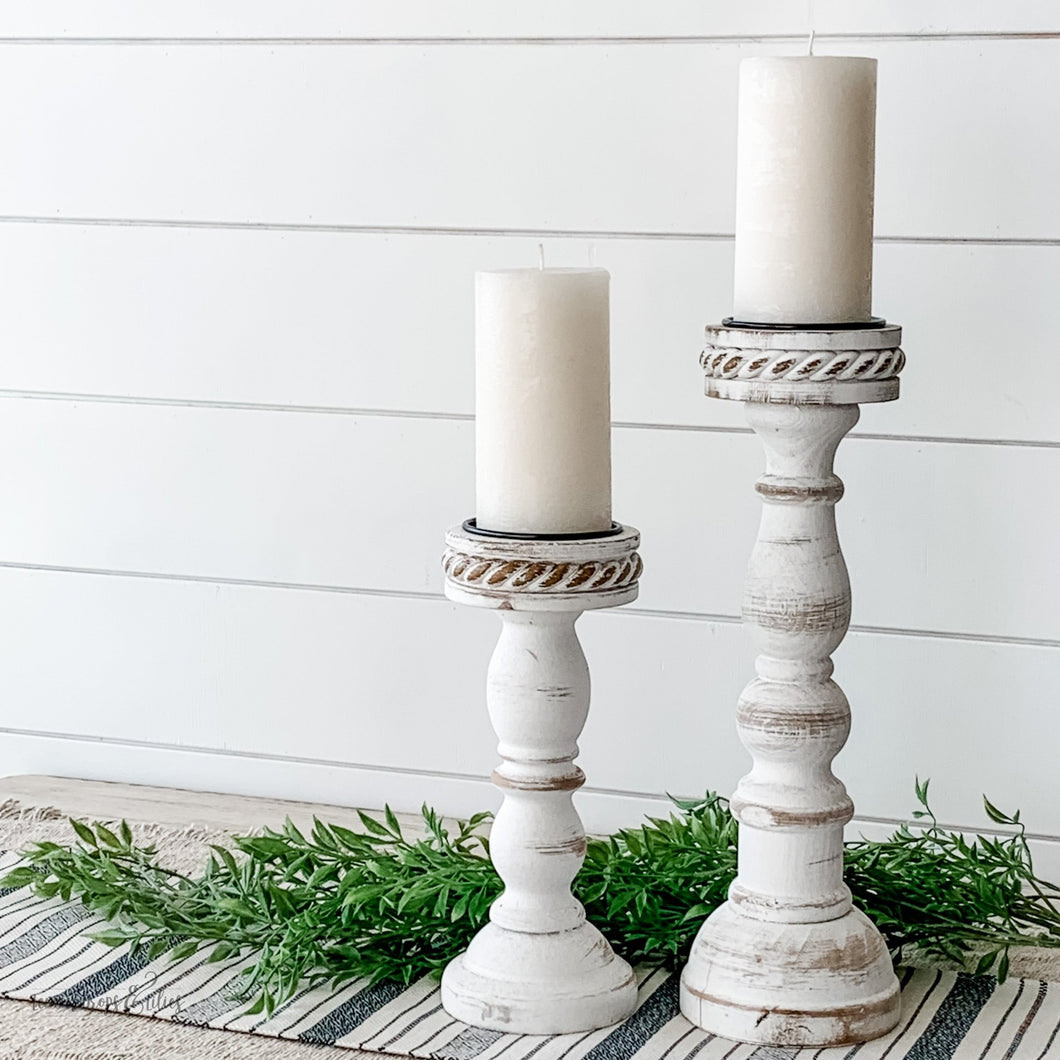 Whitewash Twisted Edge Candlesticks - Set of 2 - Lemon Drops & Lilies